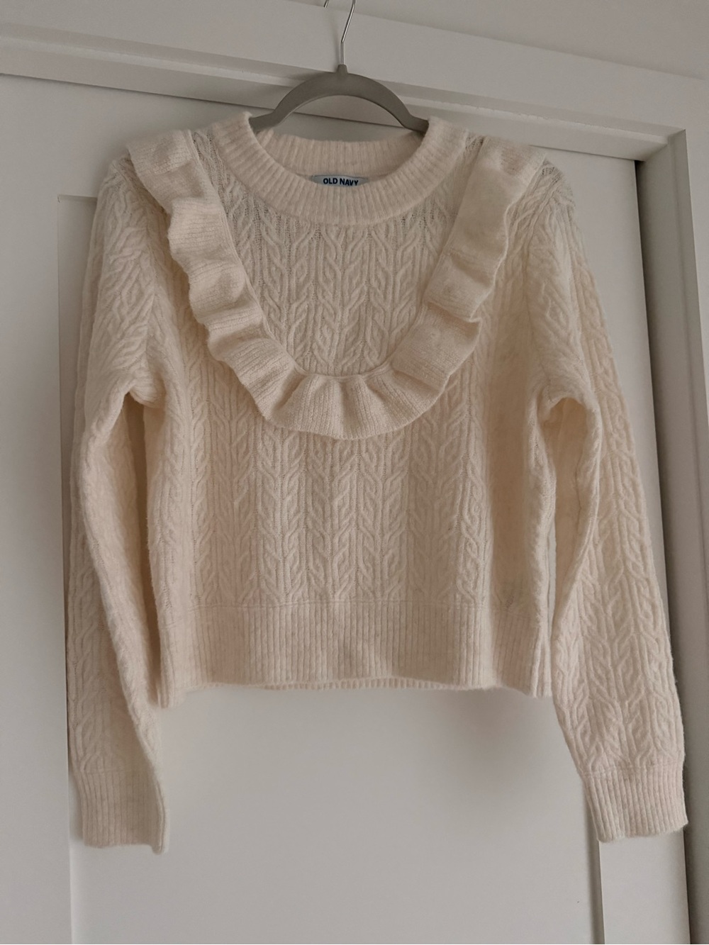 Old Navy Cream Ruffle Cable-Knit Crew Sweater